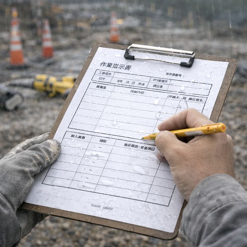 建設現場で耐水紙を使用した作業指示書を確認している様子