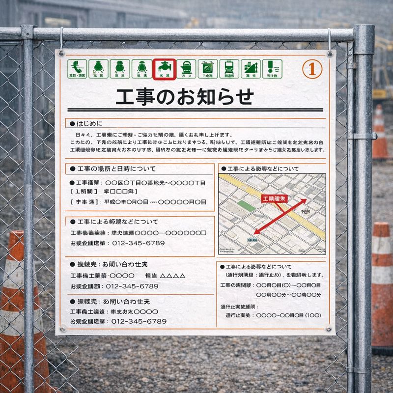 建設現場に掲示された工事のお知らせと安全標識の掲示例