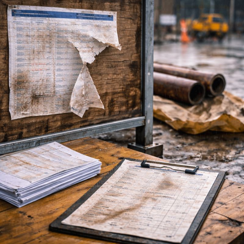 雨や汚れで劣化した建設現場の掲示物や工程表の様子