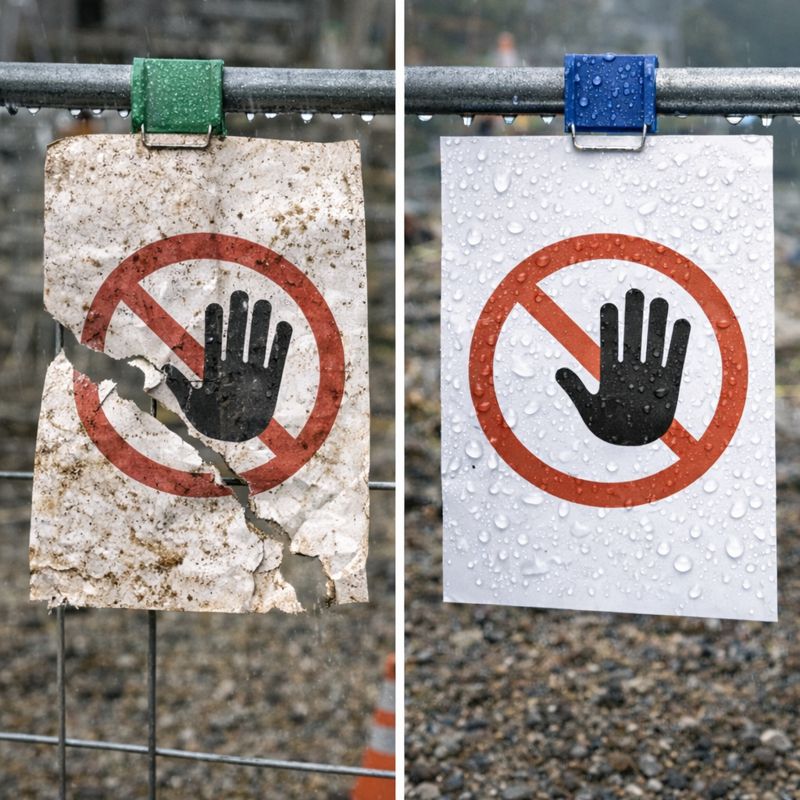 雨天の建設現場で屋外掲示に使用されている耐水紙の掲示物