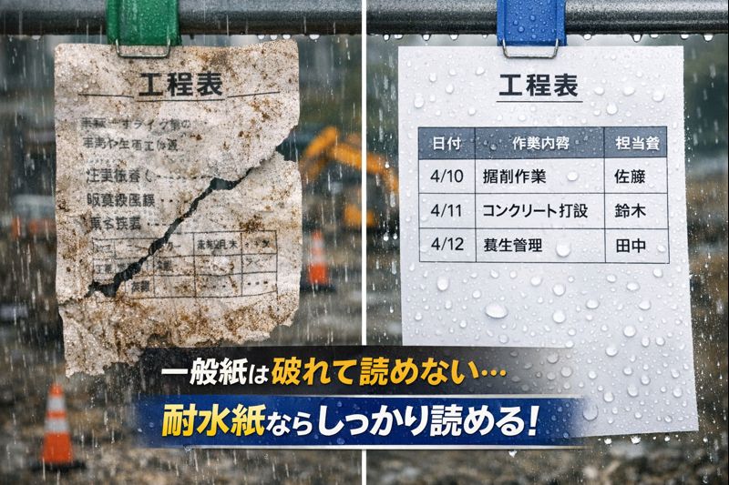耐水紙と一般的な紙を比較して耐水紙が優れている様子