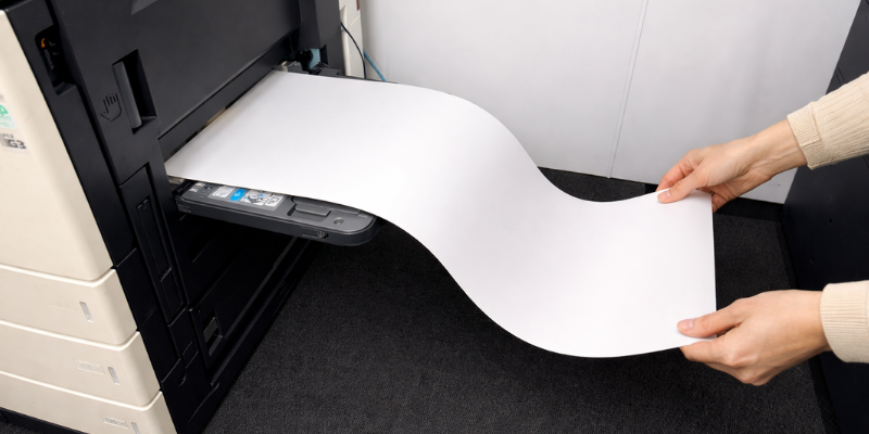 レーザープリンターで長尺用紙を印刷している様子