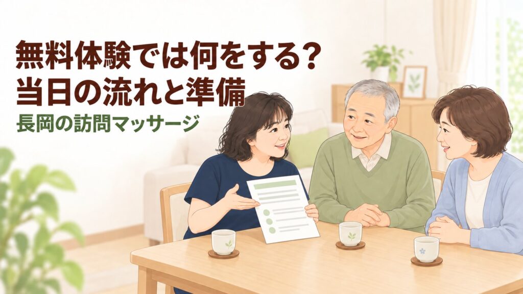 長岡の訪問マッサージ 無料体験の流れをご家族に説明しているイラスト